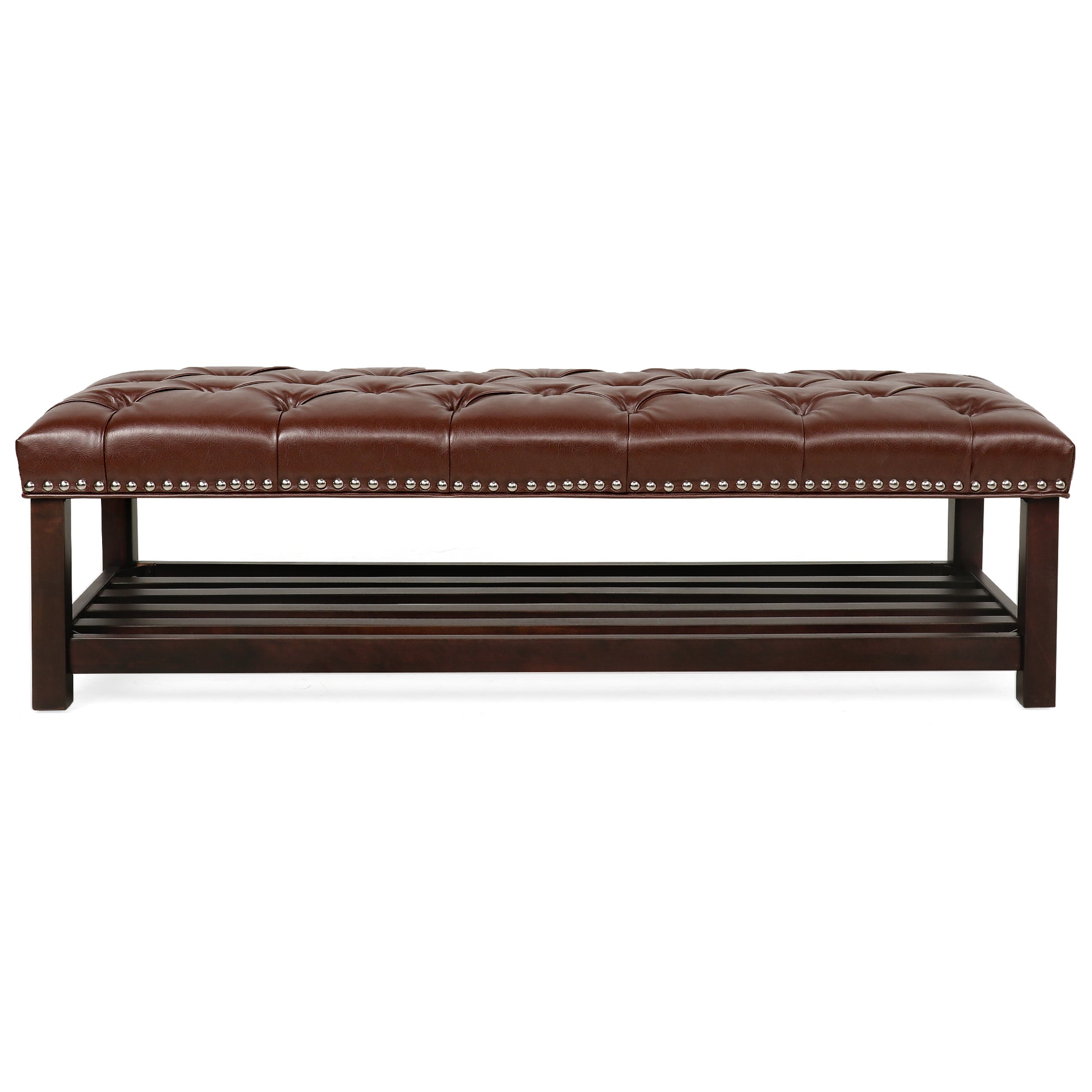 Bedroom End Of Bed Bench Tufted Upholstered End Of Bed Bench End Of Bed Entrance Shoe Bench, 60" With Trim And Shelf Bedroom Upholstered Leather Bench Living Room Shoe Rack Footstool Brown Dark Brown Pu