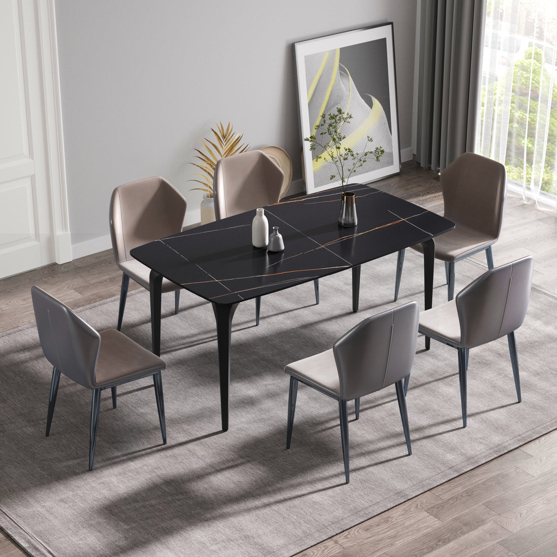 63"Modern Artificial Stone Black Curved Black Metal Leg Dining Table 6 People Black Metal Sintered Stone