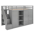Functional Loft Bed With 3 Shelves, 2 Wardrobes And 2 Drawers, Ladder With Storage, No Box Spring Needed, Gray Gray Pine