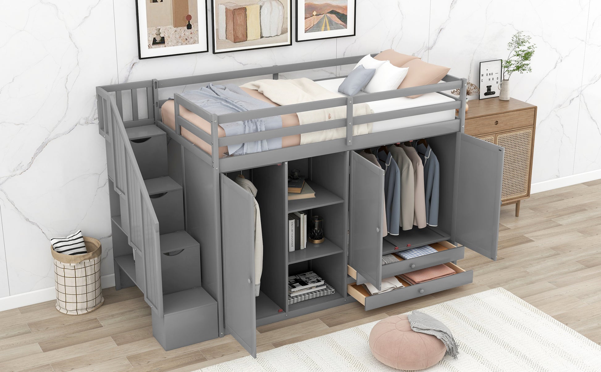 Functional Loft Bed With 3 Shelves, 2 Wardrobes And 2 Drawers, Ladder With Storage, No Box Spring Needed, Gray Gray Pine