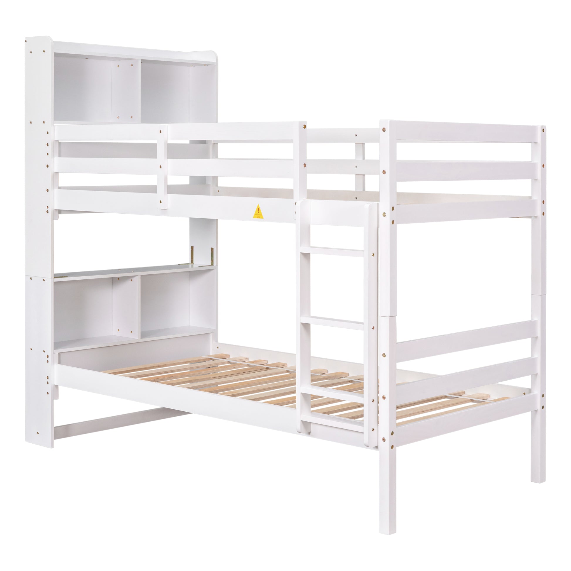 Twin Over Twin Bunk Beds With Bookcase Headboard, Solid Wood Bed Frame With Safety Rail And Ladder, Kids Teens Bedroom, Guest Room Furniture, Can Be Converted Into 2 Beds, White White Pine