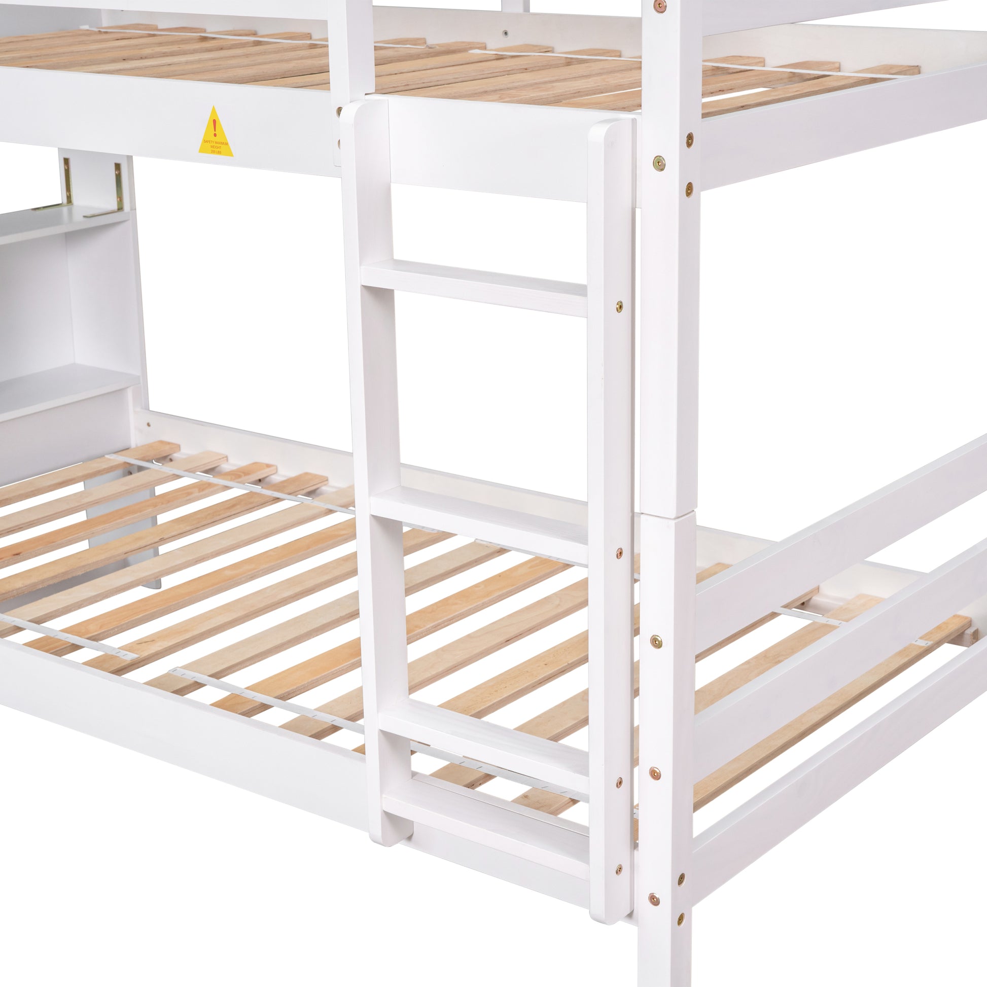 Twin Over Twin Bunk Beds With Bookcase Headboard, Solid Wood Bed Frame With Safety Rail And Ladder, Kids Teens Bedroom, Guest Room Furniture, Can Be Converted Into 2 Beds, White White Pine