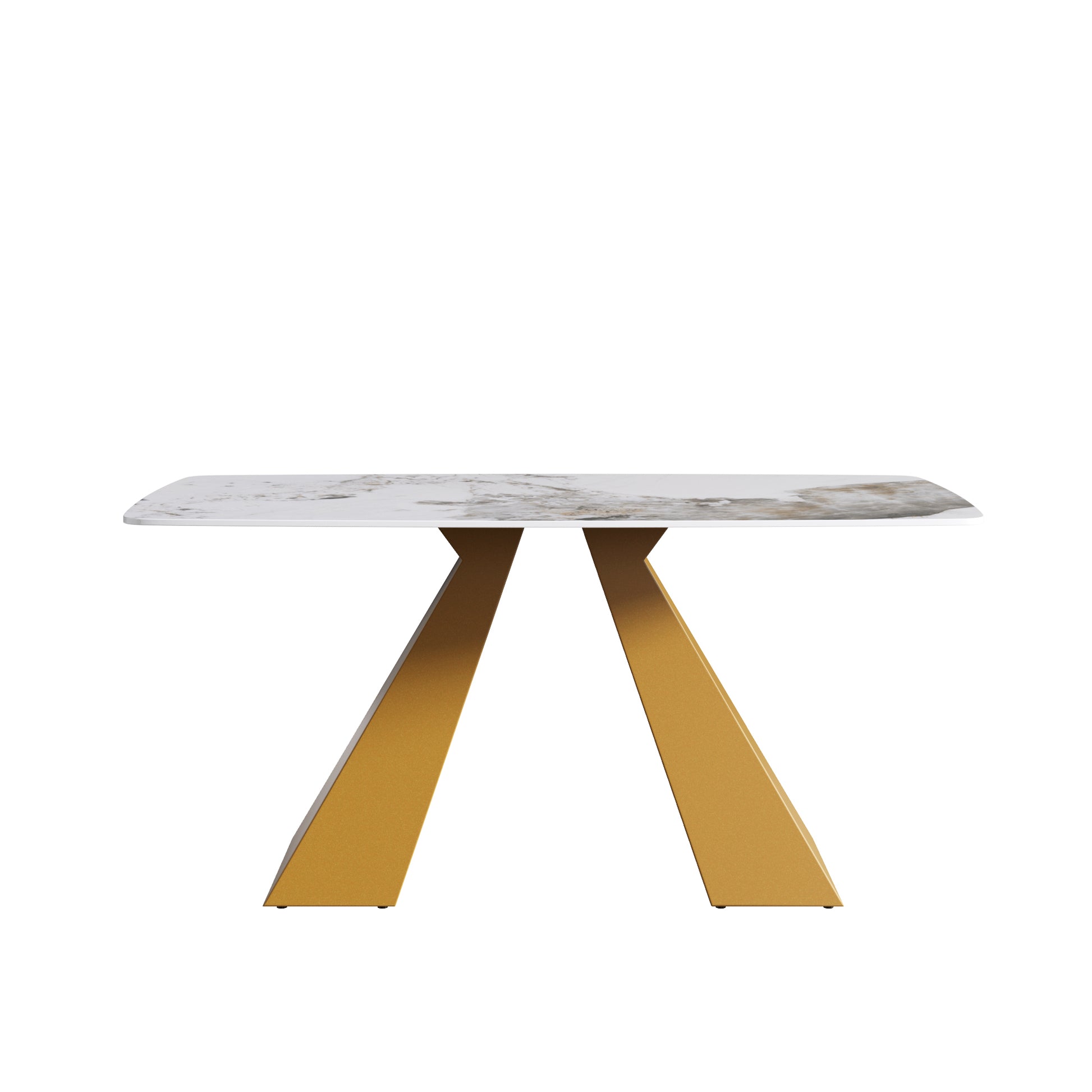 63"Modern Artificial Stone Pandora White Curved Golden Metal Leg Dining Table 6 People Antique White Metal Sintered Stone
