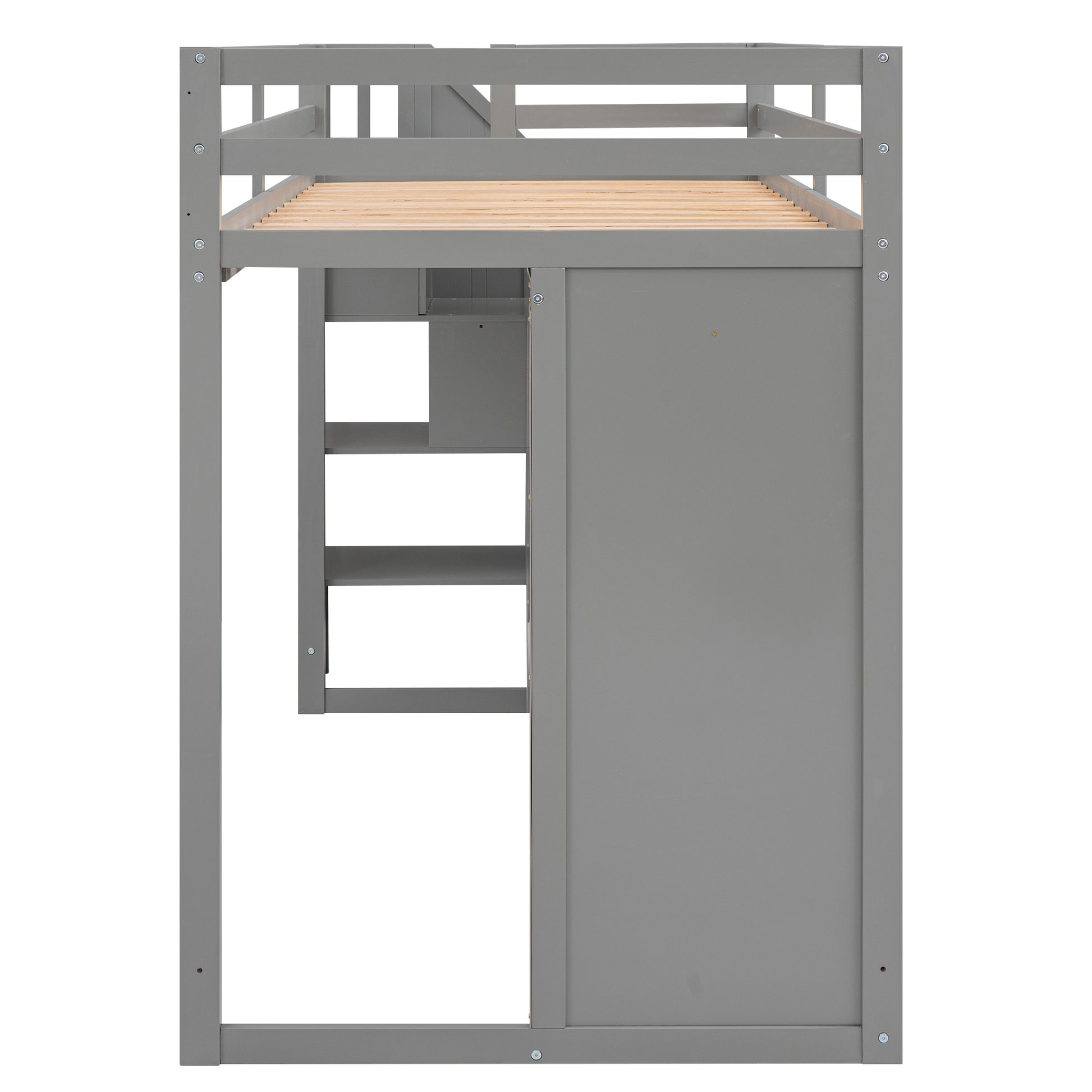 Functional Loft Bed With 3 Shelves, 2 Wardrobes And 2 Drawers, Ladder With Storage, No Box Spring Needed, Gray Gray Pine