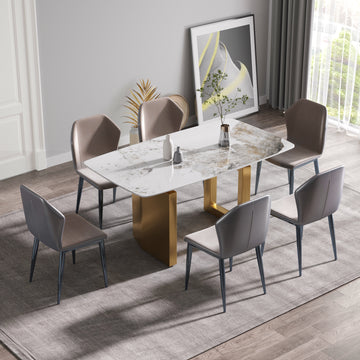 63"Modern Artificial Stone Pandora White Curved Golden Metal Leg Dining Table 6 People Antique White Metal Sintered Stone
