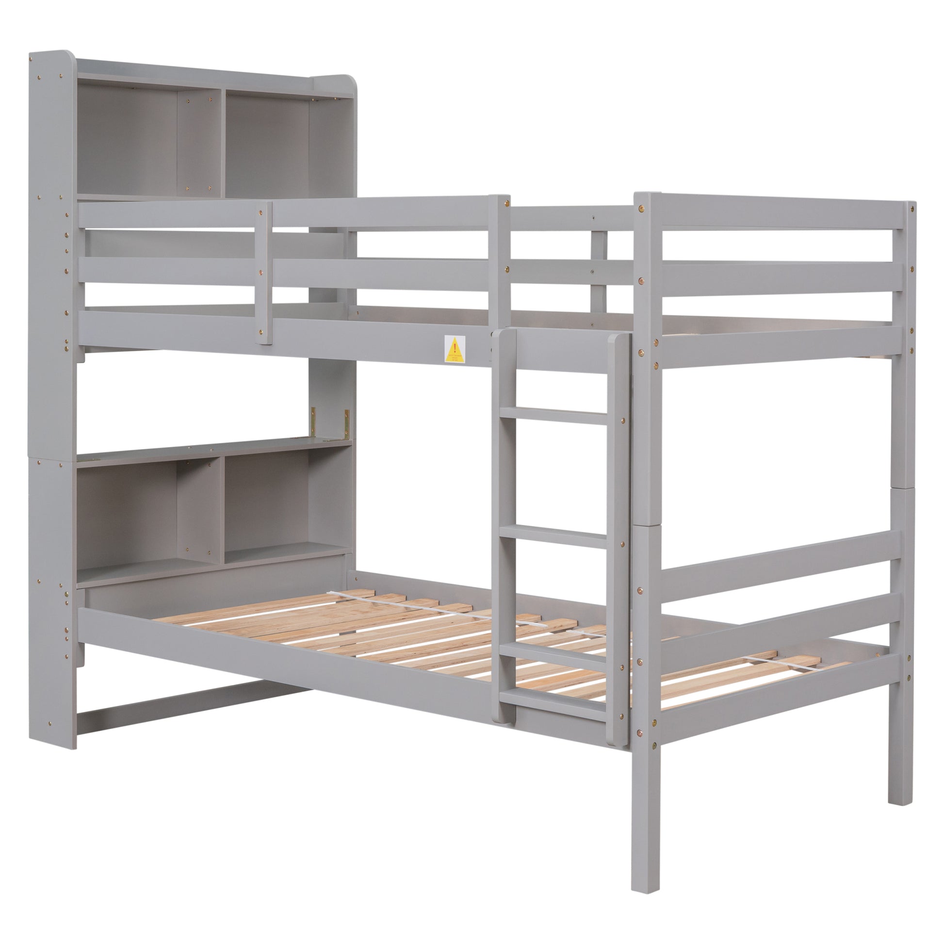 Twin Over Twin Bunk Beds With Bookcase Headboard, Solid Wood Bed Frame With Safety Rail And Ladder, Kids Teens Bedroom, Guest Room Furniture, Can Be Converted Into 2 Beds, Grey Twin Grey Pine