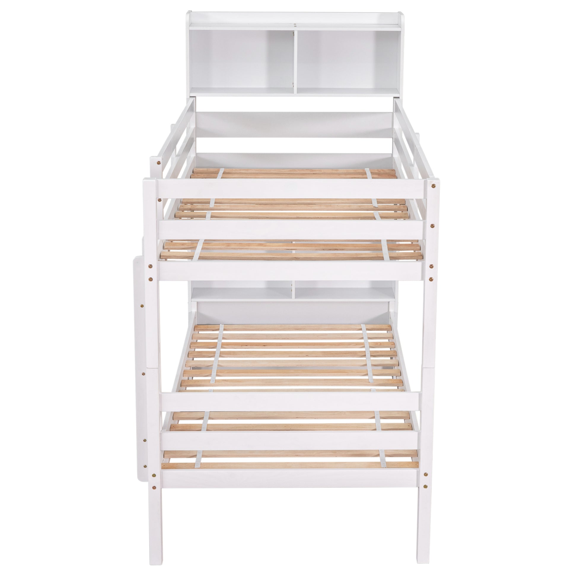 Twin Over Twin Bunk Beds With Bookcase Headboard, Solid Wood Bed Frame With Safety Rail And Ladder, Kids Teens Bedroom, Guest Room Furniture, Can Be Converted Into 2 Beds, White White Pine