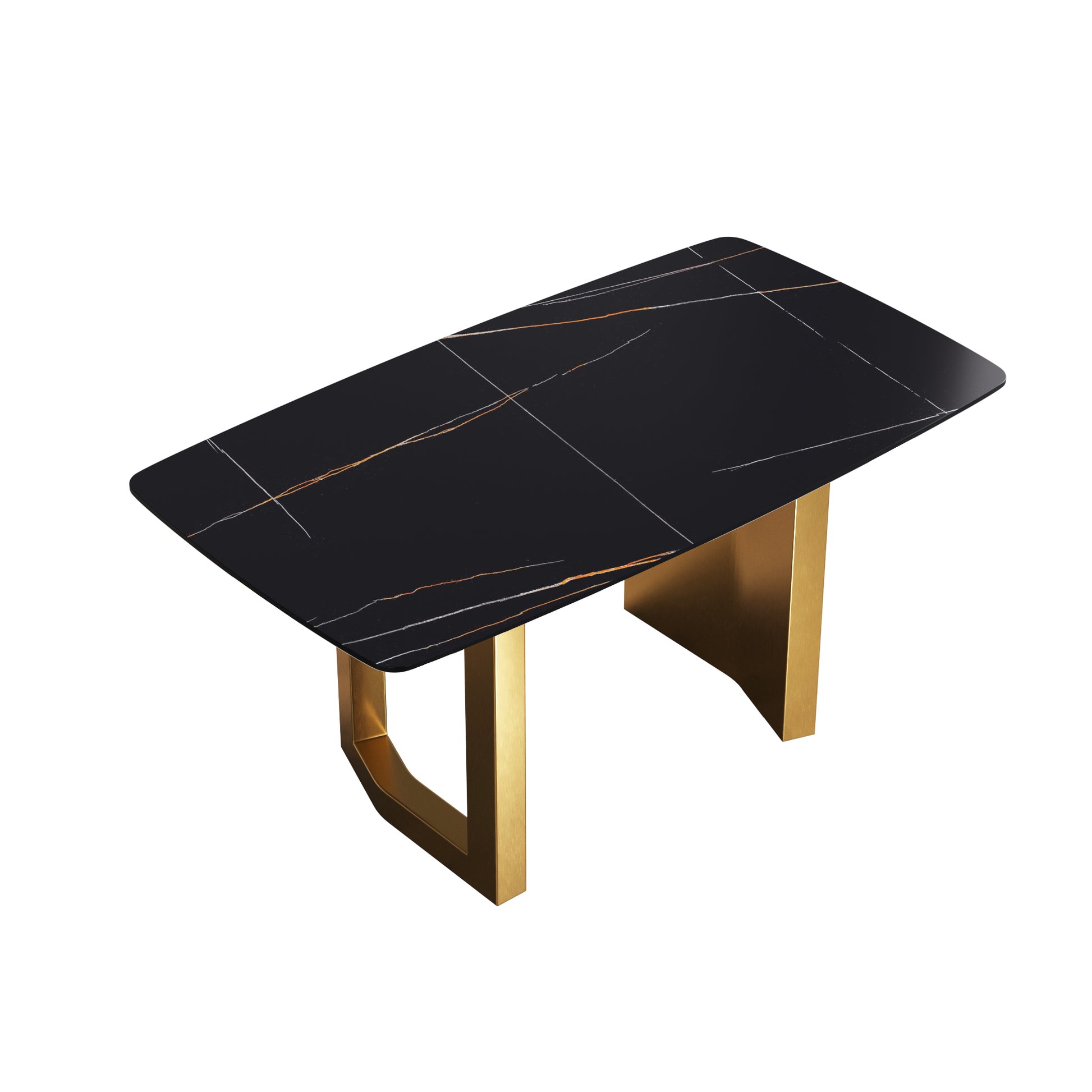63"Modern Artificial Stone Black Curved Golden Metal Leg Dining Table 6 People Black Metal Sintered Stone