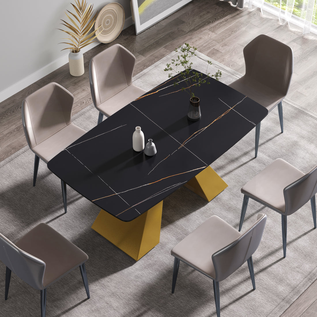 63"Modern Artificial Stone Black Curved Golden Metal Leg Dining Table 6 People Black Metal Sintered Stone