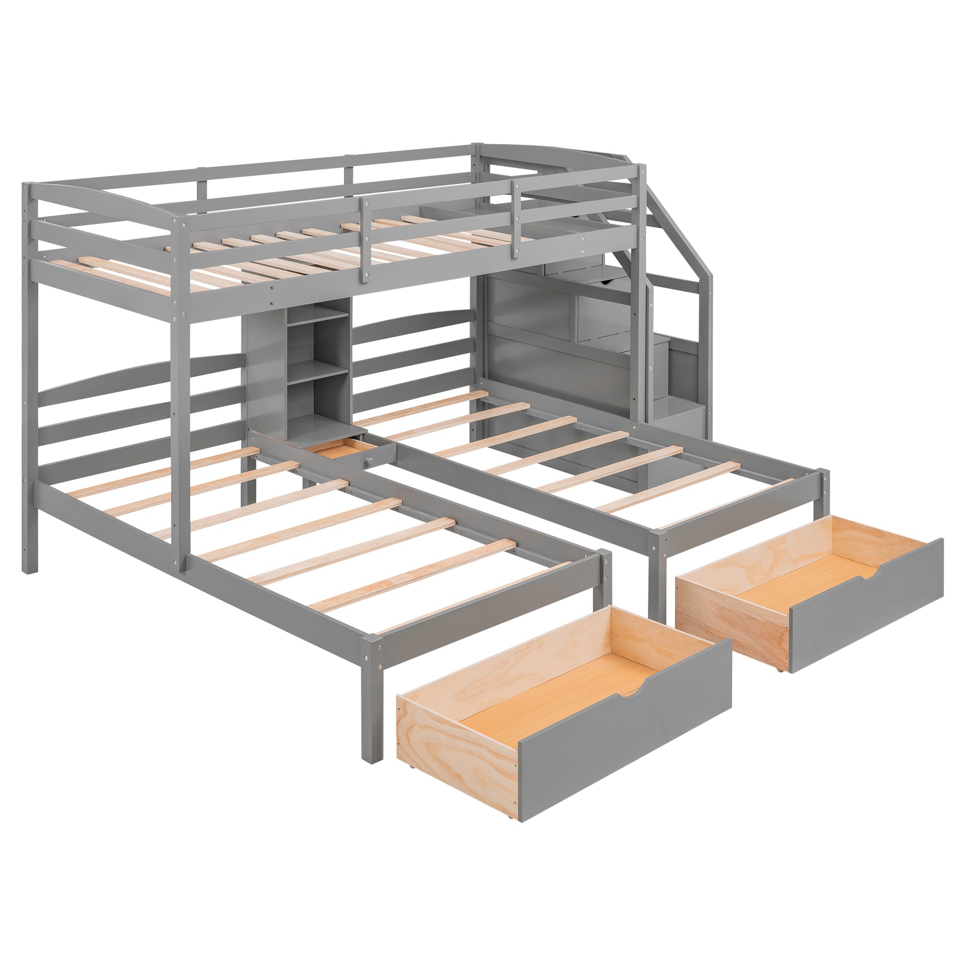 Twin Over Twin&Twin Bunk Bed, Triple Bunk Bed With Drawers, Staircase With Storage, Built In Shelves, Gray Twin Gray Pine