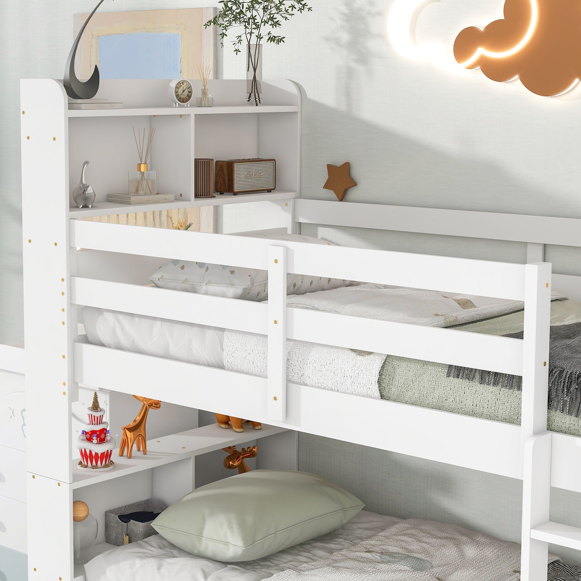 Twin Over Twin Bunk Beds With Bookcase Headboard, Solid Wood Bed Frame With Safety Rail And Ladder, Kids Teens Bedroom, Guest Room Furniture, Can Be Converted Into 2 Beds, White White Pine