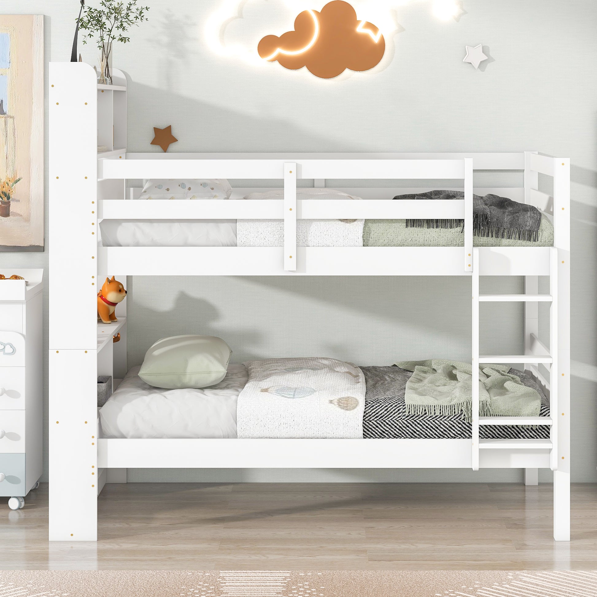 Twin Over Twin Bunk Beds With Bookcase Headboard, Solid Wood Bed Frame With Safety Rail And Ladder, Kids Teens Bedroom, Guest Room Furniture, Can Be Converted Into 2 Beds, White White Pine