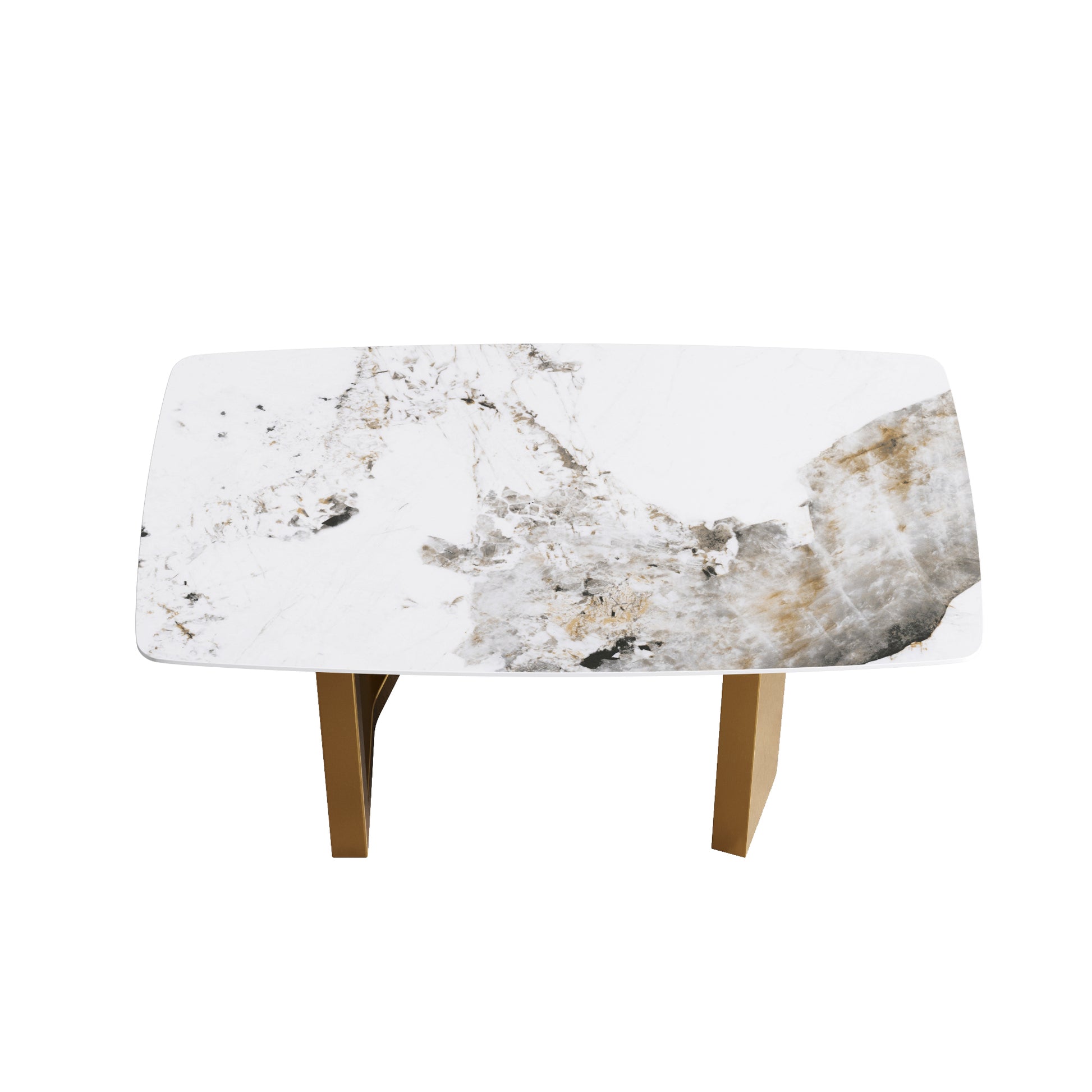 63"Modern Artificial Stone Pandora White Curved Golden Metal Leg Dining Table 6 People Antique White Metal Sintered Stone