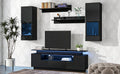 Stylish Functional Tv Stand, 5 Pieces Floating Tv Stand Set, High Gloss Wall Mounted Entertainment Center With 16 Color Led Light Strips For 75 Inch Tv, Black Black Particle Board