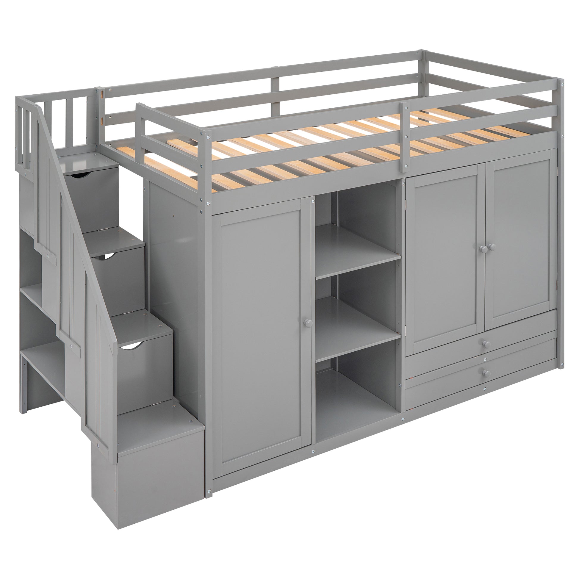 Functional Loft Bed With 3 Shelves, 2 Wardrobes And 2 Drawers, Ladder With Storage, No Box Spring Needed, Gray Gray Pine