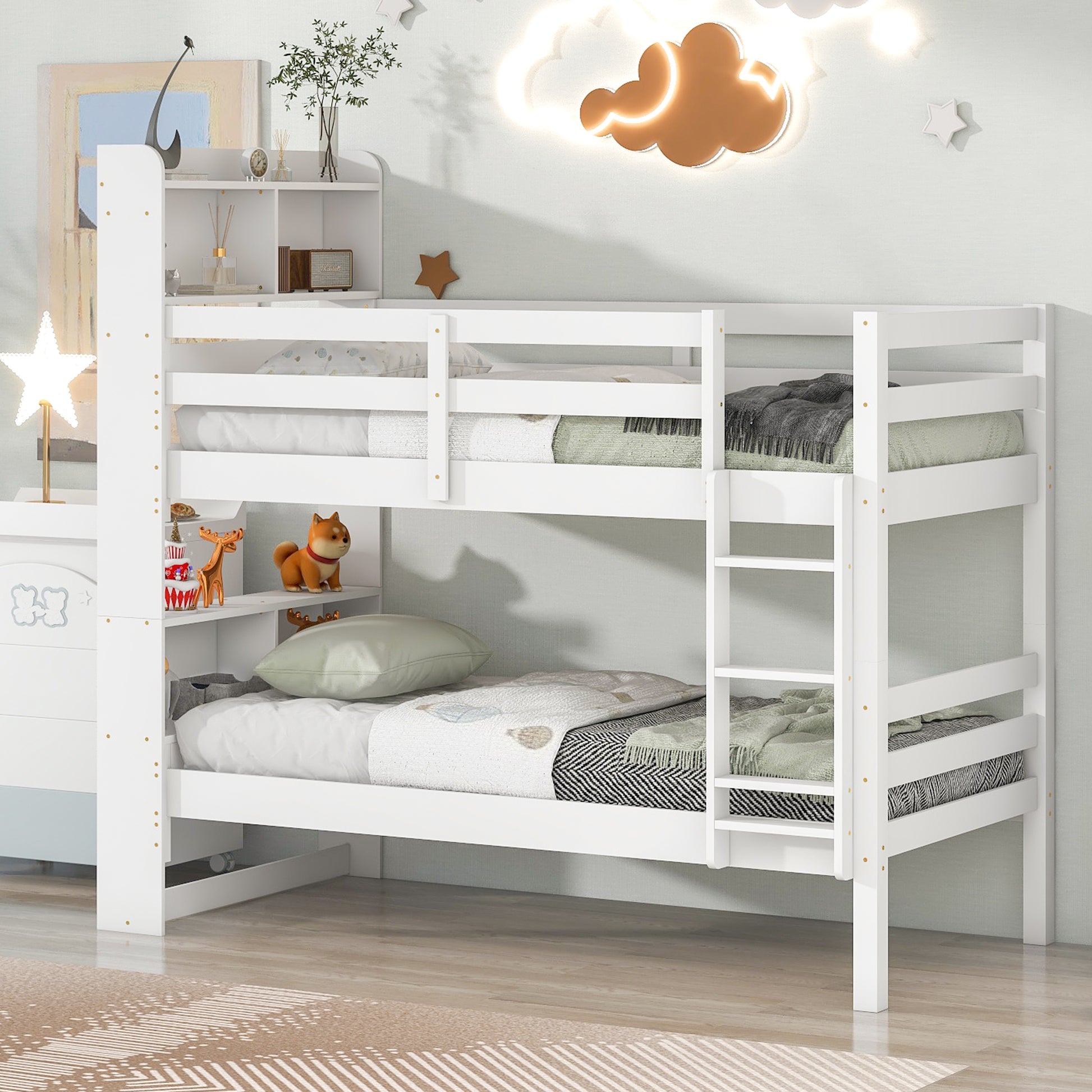 Twin Over Twin Bunk Beds With Bookcase Headboard, Solid Wood Bed Frame With Safety Rail And Ladder, Kids Teens Bedroom, Guest Room Furniture, Can Be Converted Into 2 Beds, White White Pine