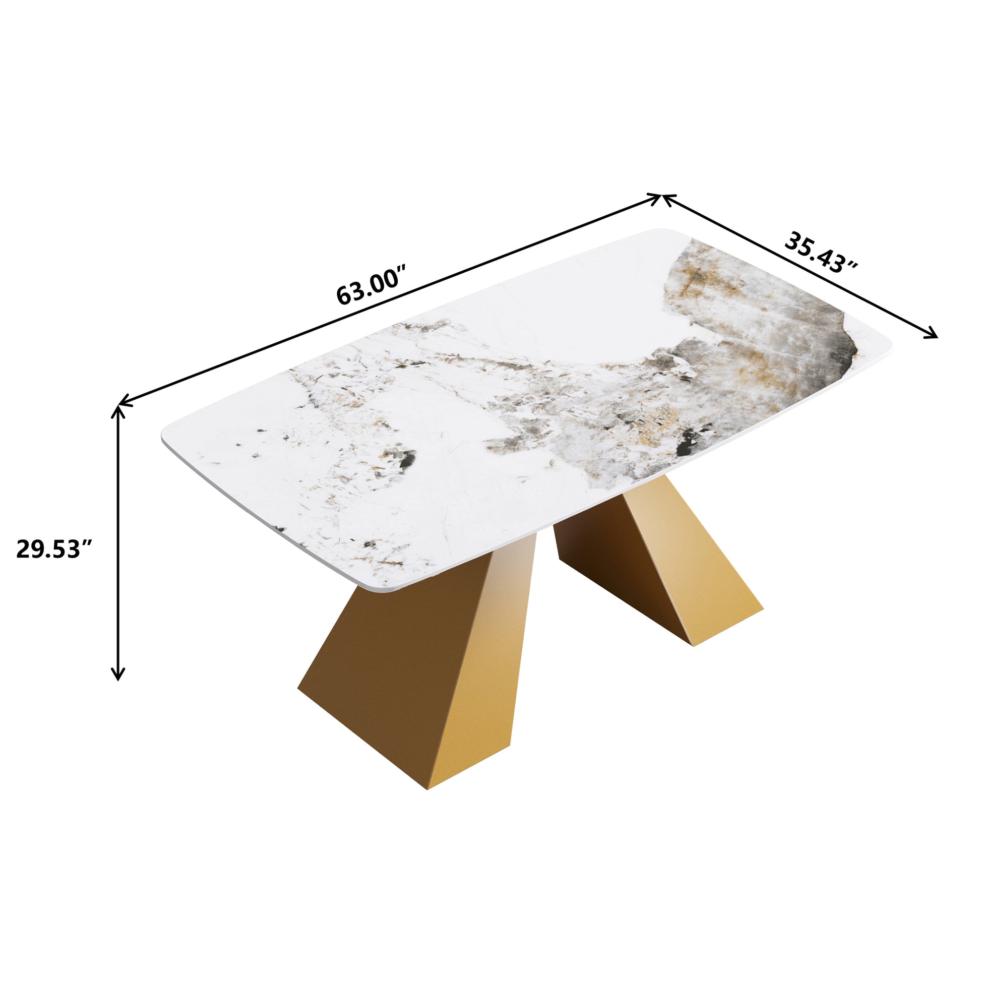 63"Modern Artificial Stone Pandora White Curved Golden Metal Leg Dining Table 6 People Antique White Metal Sintered Stone