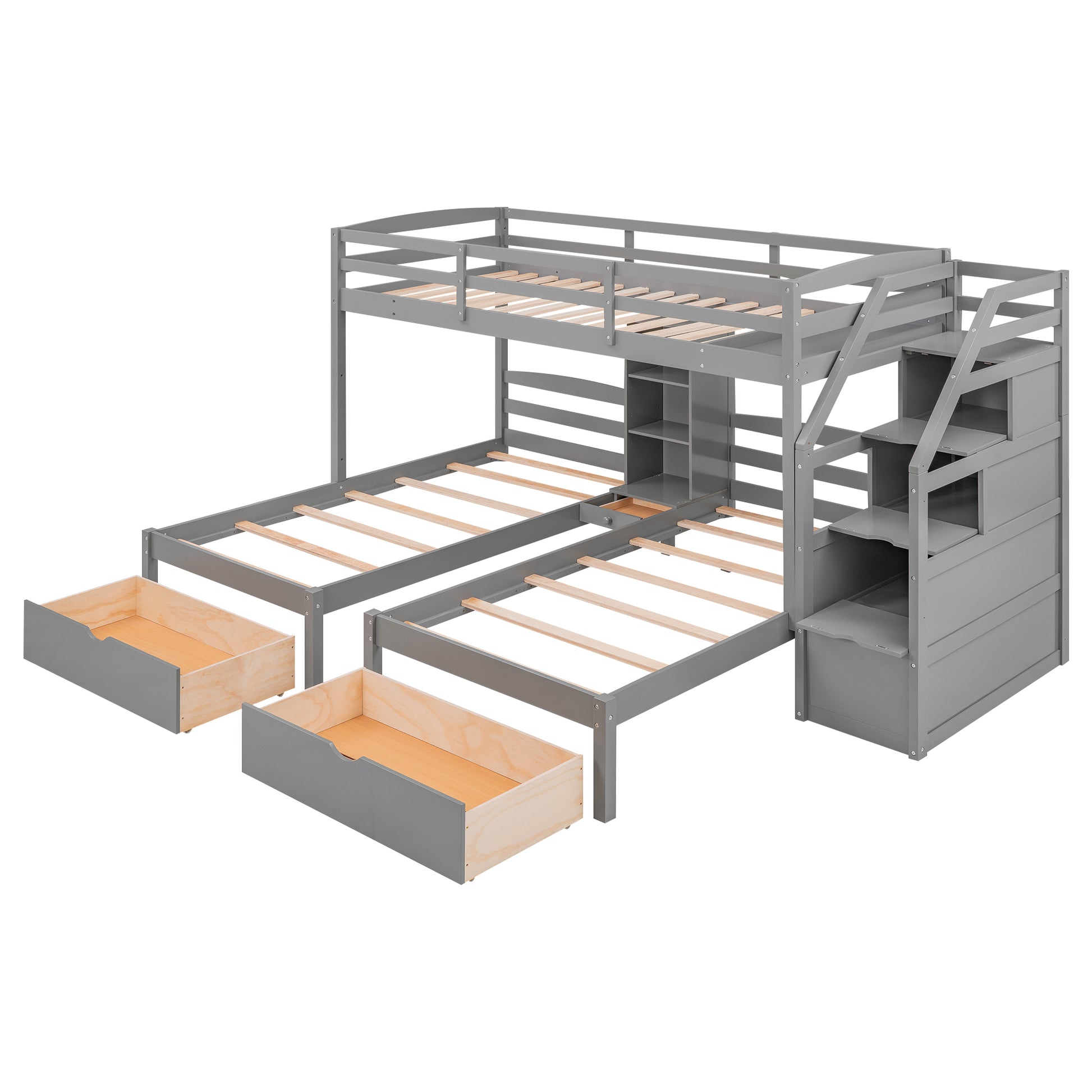 Twin Over Twin&Twin Bunk Bed, Triple Bunk Bed With Drawers, Staircase With Storage, Built In Shelves, Gray Twin Gray Pine