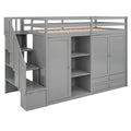 Functional Loft Bed With 3 Shelves, 2 Wardrobes And 2 Drawers, Ladder With Storage, No Box Spring Needed, Gray Gray Pine