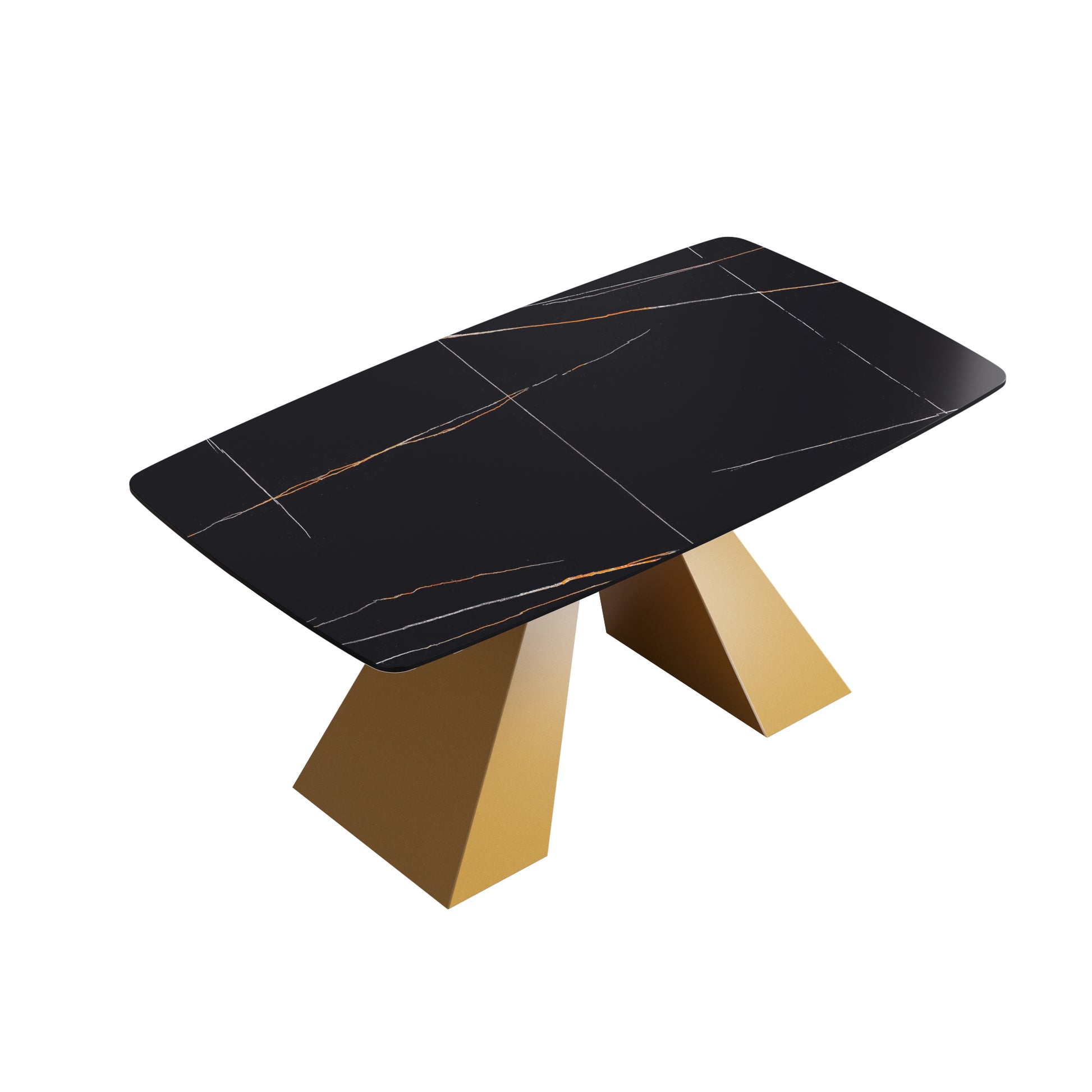 63"Modern Artificial Stone Black Curved Golden Metal Leg Dining Table 6 People Black Metal Sintered Stone