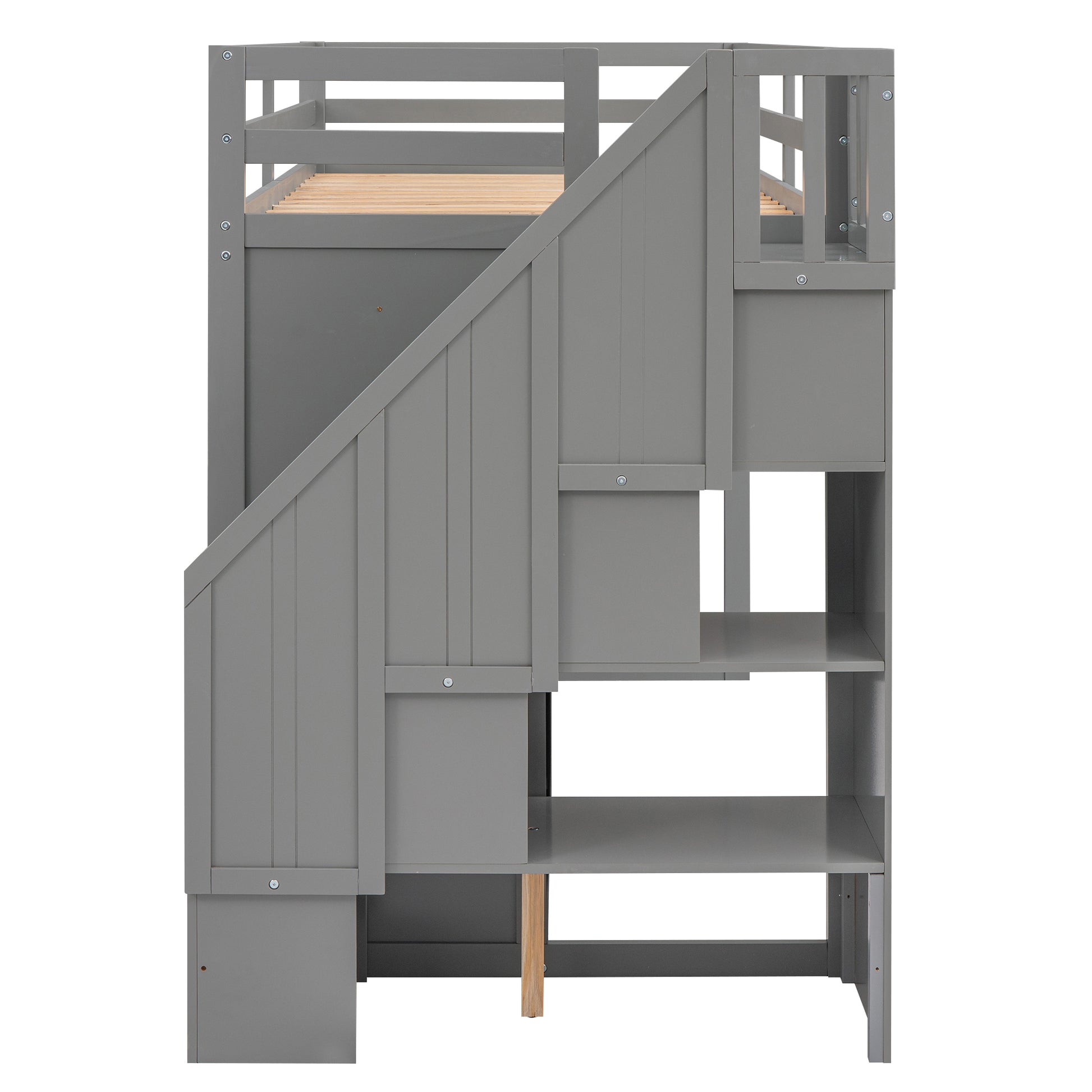 Functional Loft Bed With 3 Shelves, 2 Wardrobes And 2 Drawers, Ladder With Storage, No Box Spring Needed, Gray Gray Pine