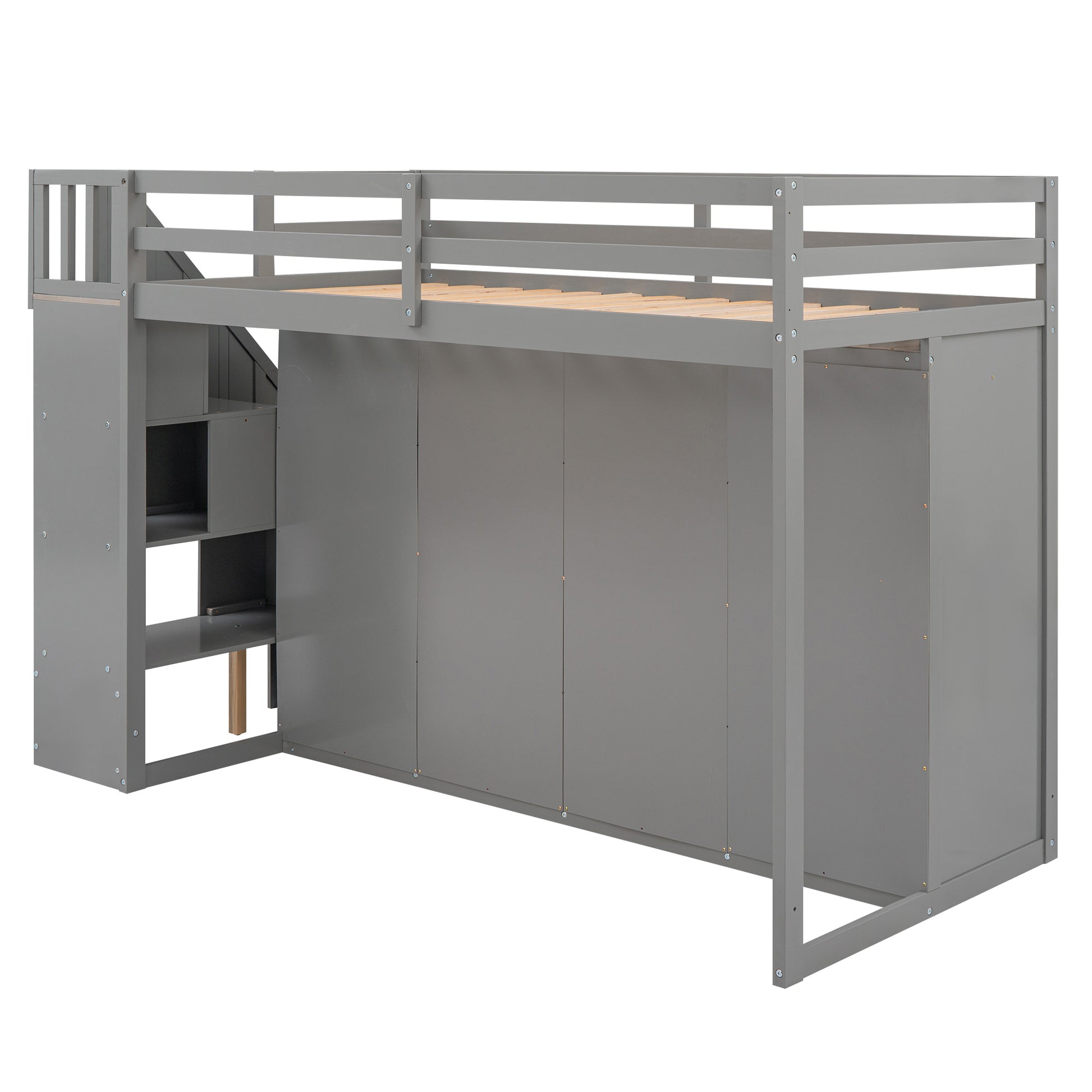 Functional Loft Bed With 3 Shelves, 2 Wardrobes And 2 Drawers, Ladder With Storage, No Box Spring Needed, Gray Gray Pine