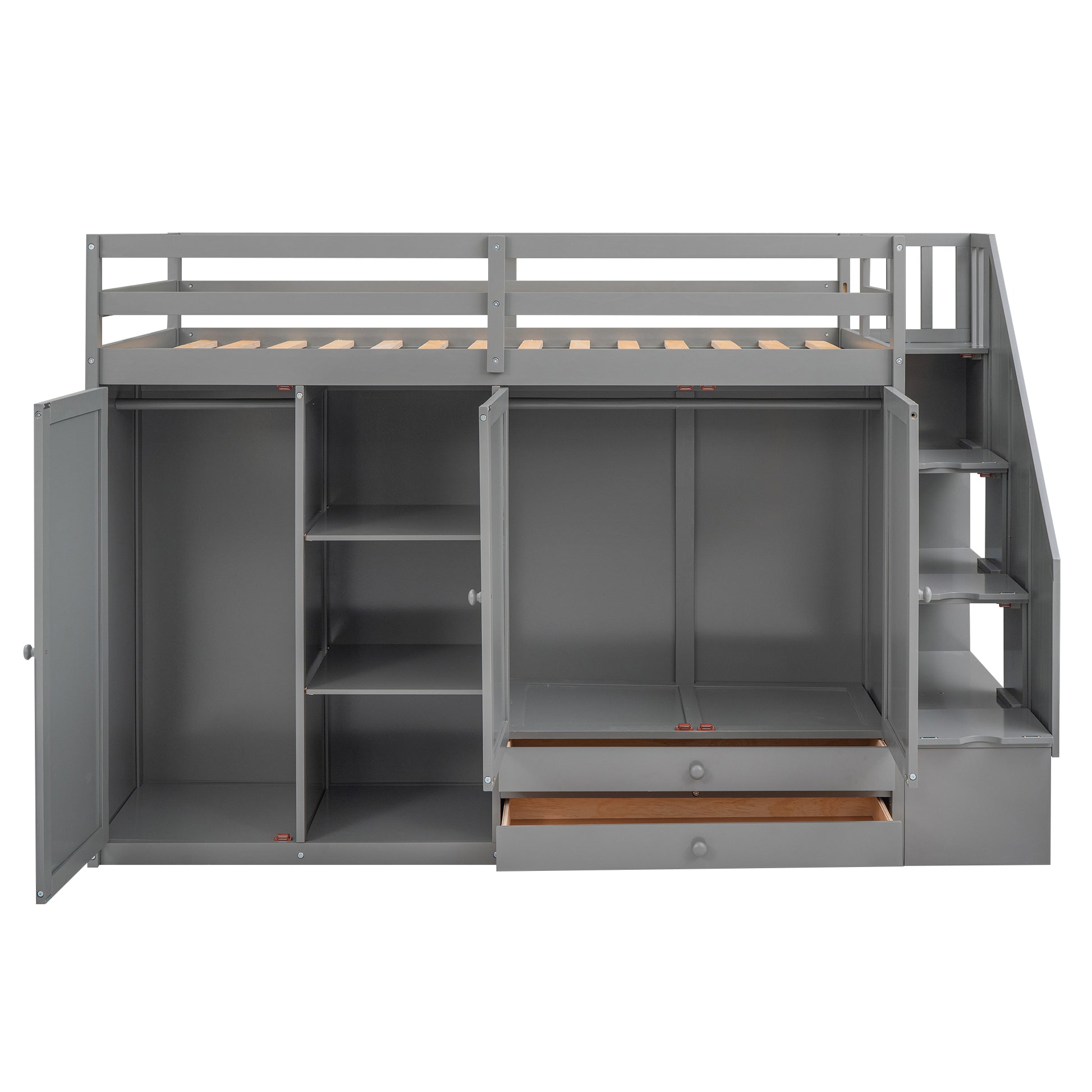 Functional Loft Bed With 3 Shelves, 2 Wardrobes And 2 Drawers, Ladder With Storage, No Box Spring Needed, Gray Gray Pine