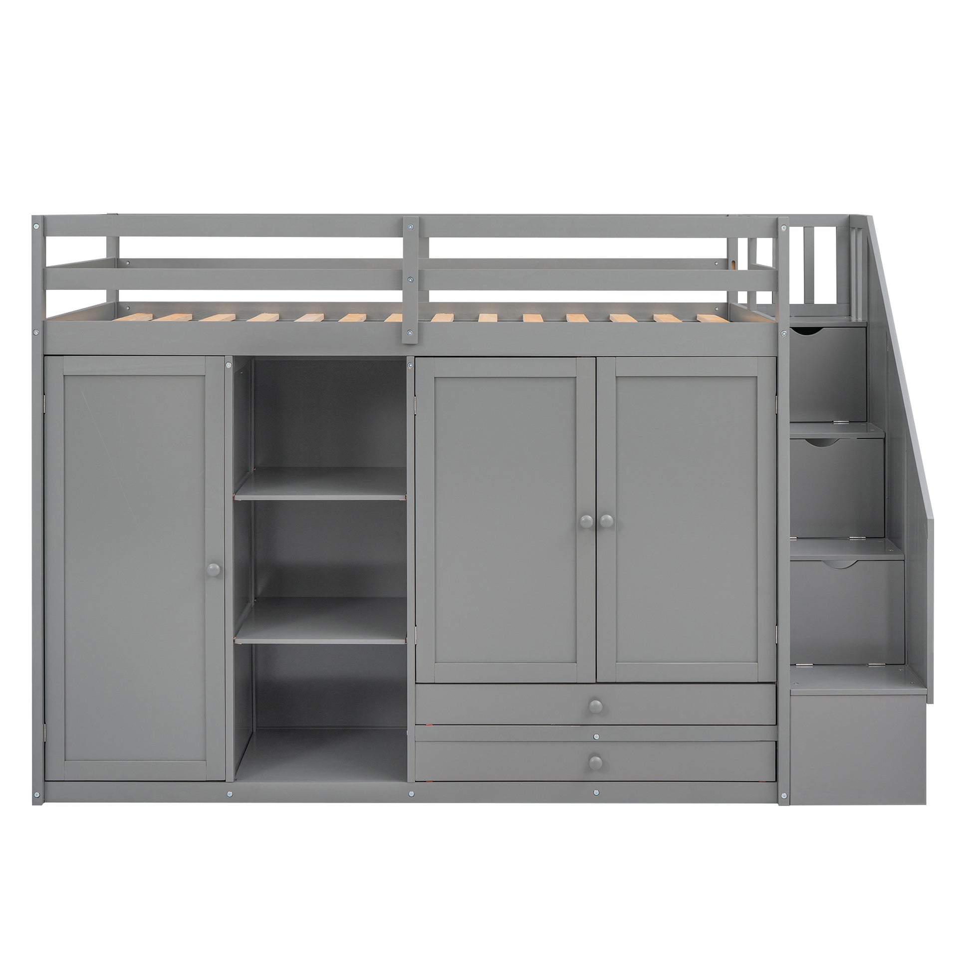 Functional Loft Bed With 3 Shelves, 2 Wardrobes And 2 Drawers, Ladder With Storage, No Box Spring Needed, Gray Gray Pine