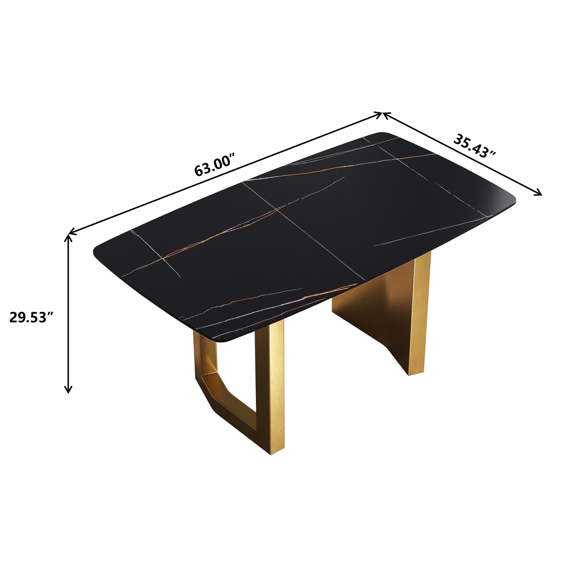 63"Modern Artificial Stone Black Curved Golden Metal Leg Dining Table 6 People Black Metal Sintered Stone