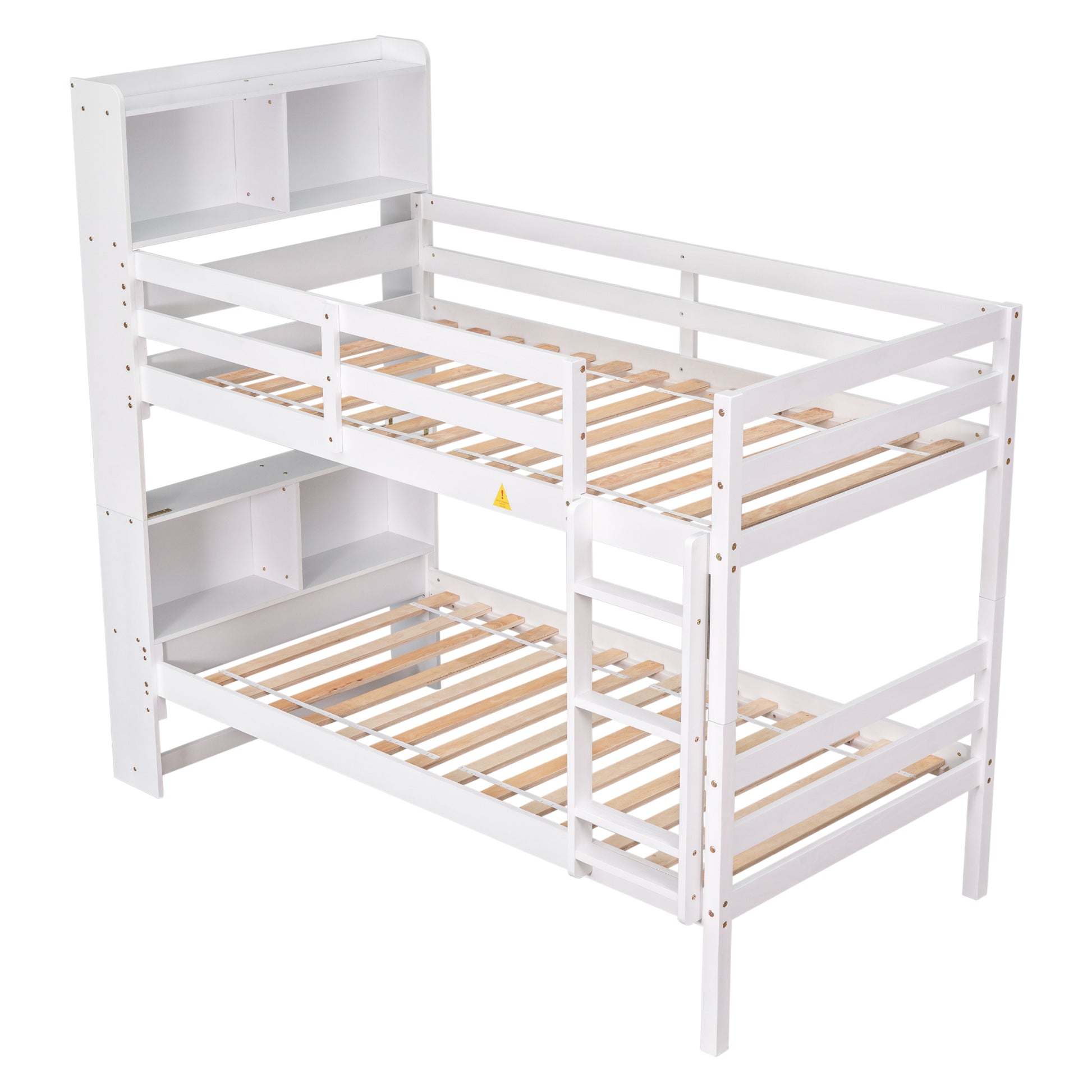 Twin Over Twin Bunk Beds With Bookcase Headboard, Solid Wood Bed Frame With Safety Rail And Ladder, Kids Teens Bedroom, Guest Room Furniture, Can Be Converted Into 2 Beds, White White Pine