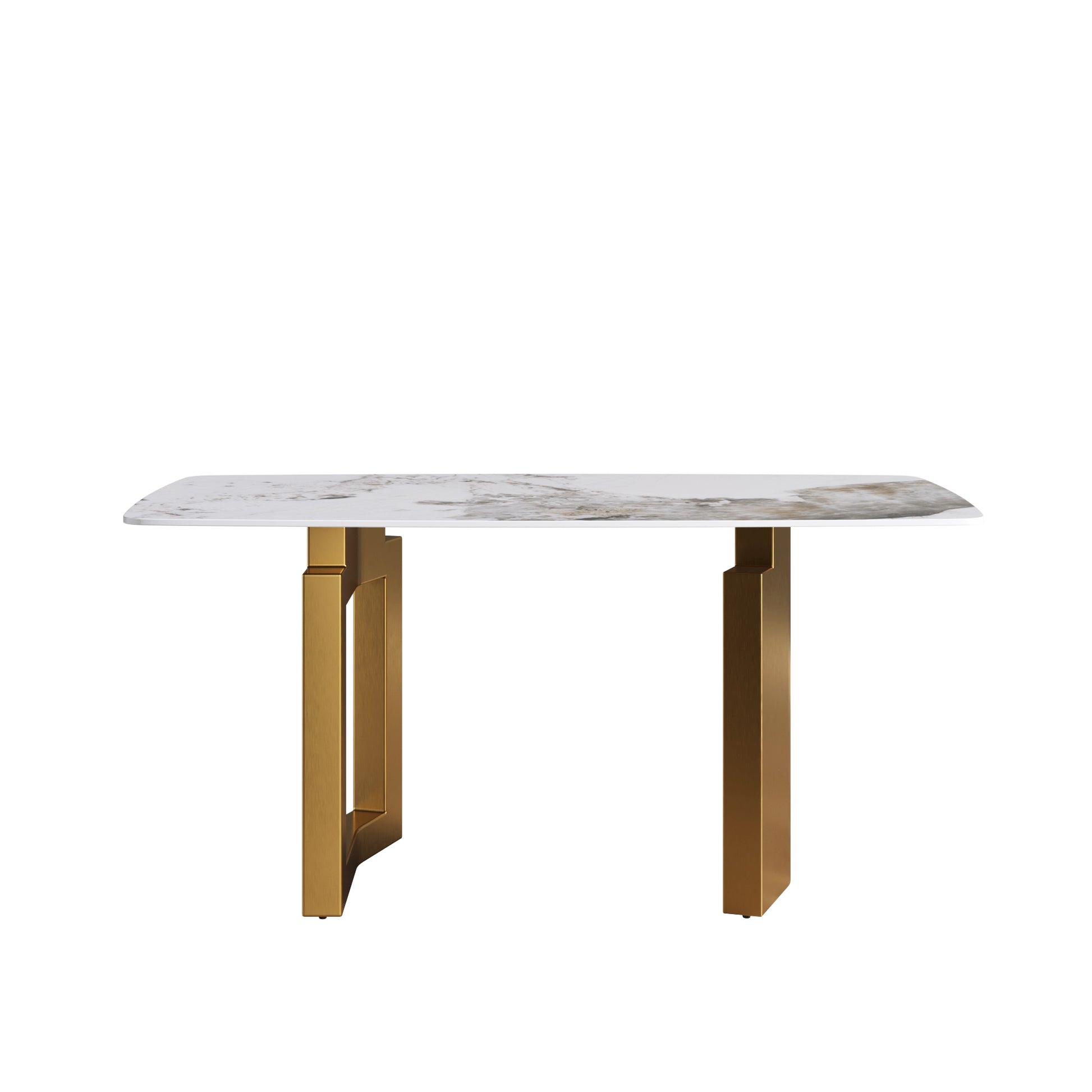 63"Modern Artificial Stone Pandora White Curved Golden Metal Leg Dining Table 6 People Antique White Metal Sintered Stone