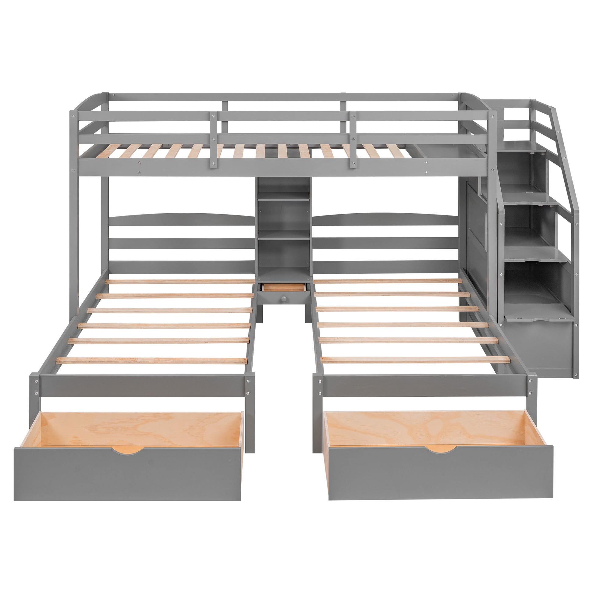 Twin Over Twin&Twin Bunk Bed, Triple Bunk Bed With Drawers, Staircase With Storage, Built In Shelves, Gray Twin Gray Pine