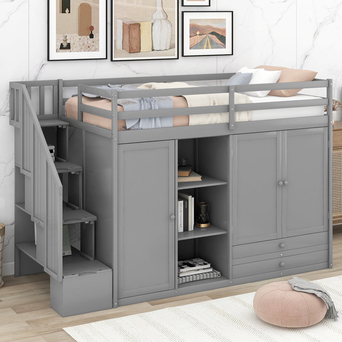 Functional Loft Bed With 3 Shelves, 2 Wardrobes And 2 Drawers, Ladder With Storage, No Box Spring Needed, Gray Gray Pine