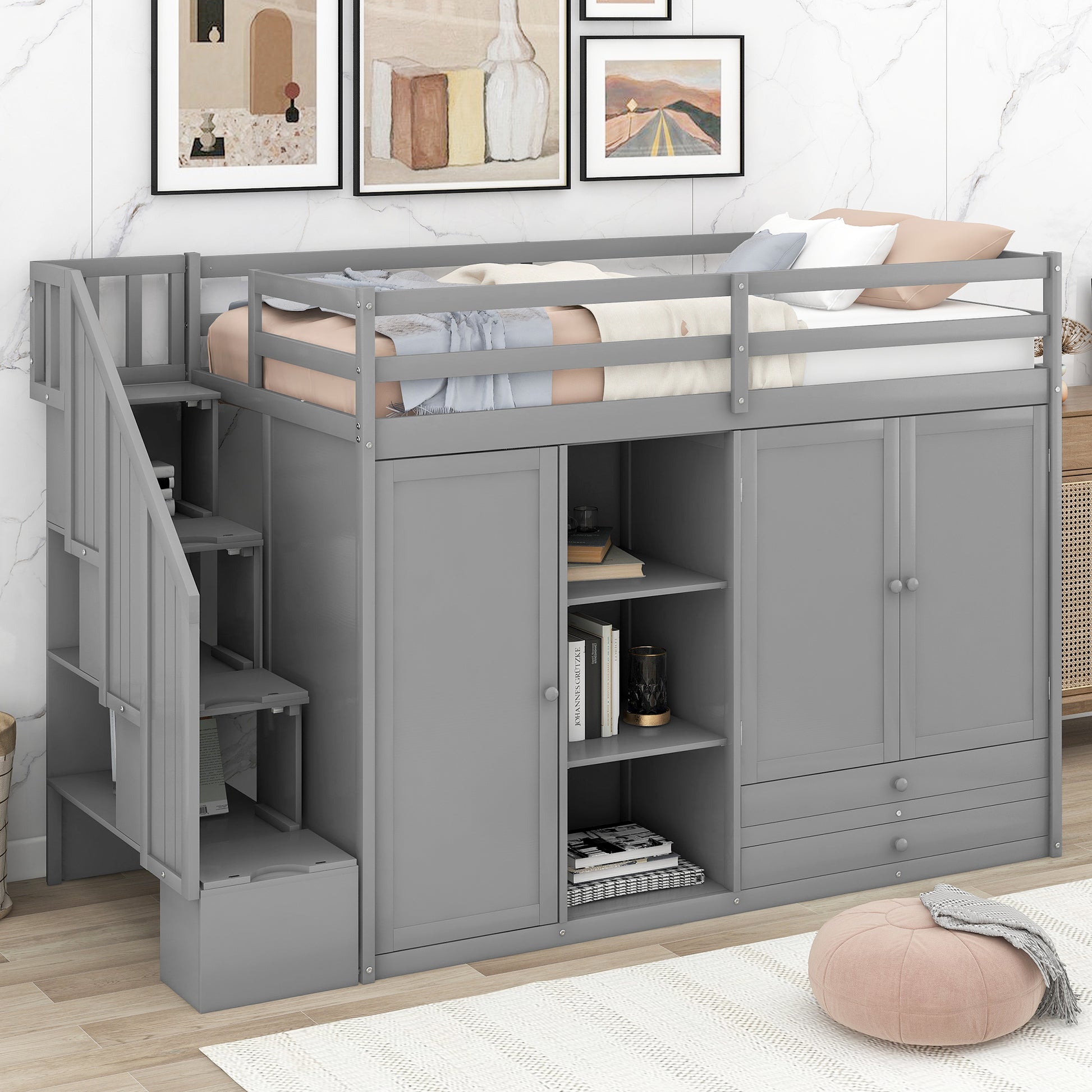 Functional Loft Bed With 3 Shelves, 2 Wardrobes And 2 Drawers, Ladder With Storage, No Box Spring Needed, Gray Gray Pine