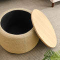 Round Storage Ottoman, 2 In 1 Function, Work As End Table And Ottoman, Natural 25.5