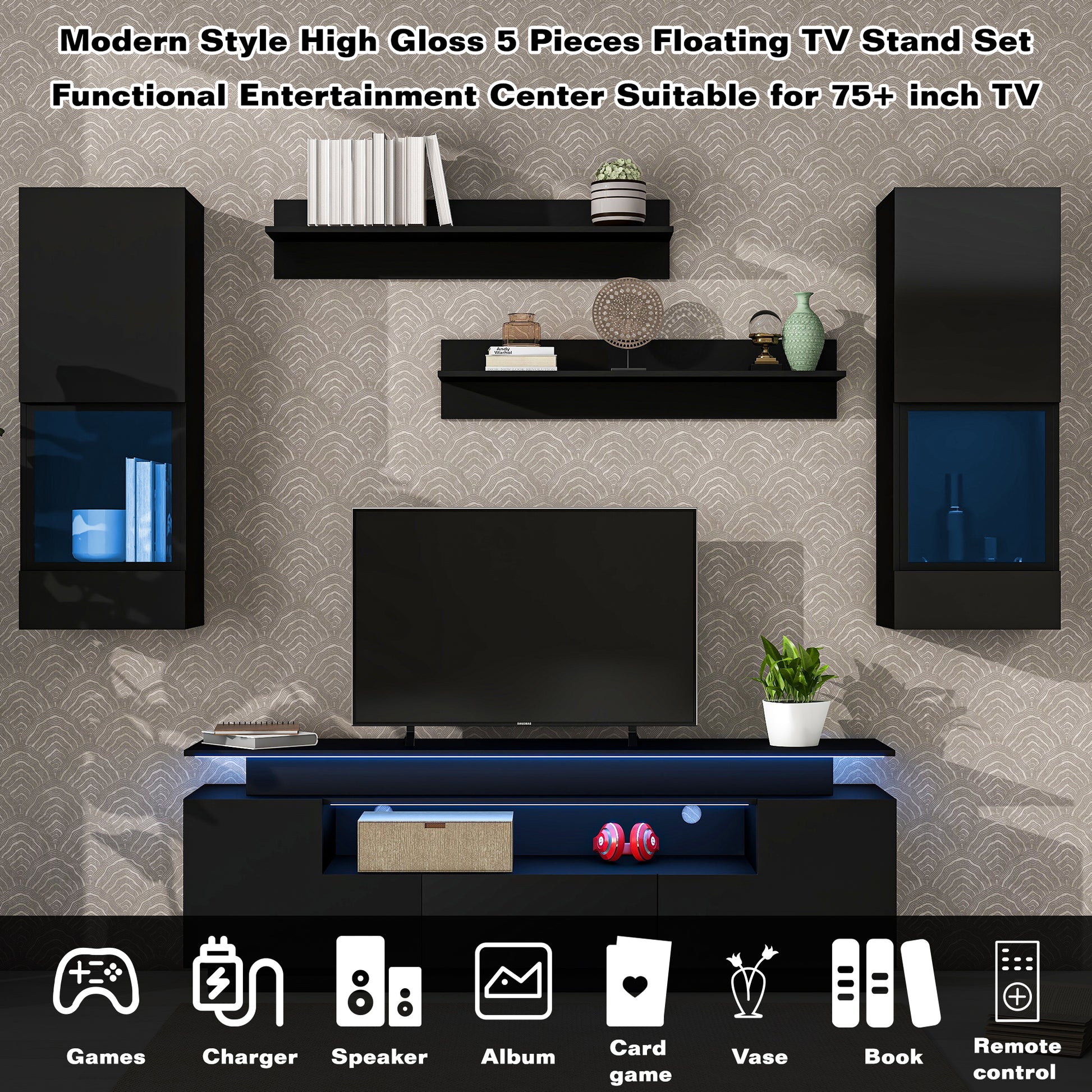 Stylish Functional Tv Stand, 5 Pieces Floating Tv Stand Set, High Gloss Wall Mounted Entertainment Center With 16 Color Led Light Strips For 75 Inch Tv, Black Black Particle Board