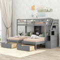 Twin Over Twin&Twin Bunk Bed, Triple Bunk Bed With Drawers, Staircase With Storage, Built In Shelves, Gray Twin Gray Pine