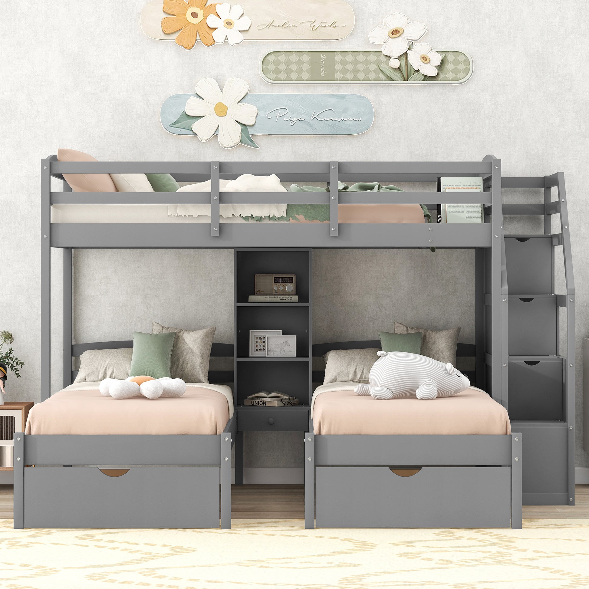 Twin Over Twin&Twin Bunk Bed, Triple Bunk Bed With Drawers, Staircase With Storage, Built In Shelves, Gray Twin Gray Pine