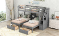 Twin Over Twin&Twin Bunk Bed, Triple Bunk Bed With Drawers, Staircase With Storage, Built In Shelves, Gray Twin Gray Pine