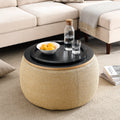 Round Storage Ottoman, 2 In 1 Function, Work As End Table And Ottoman, Natural 25.5