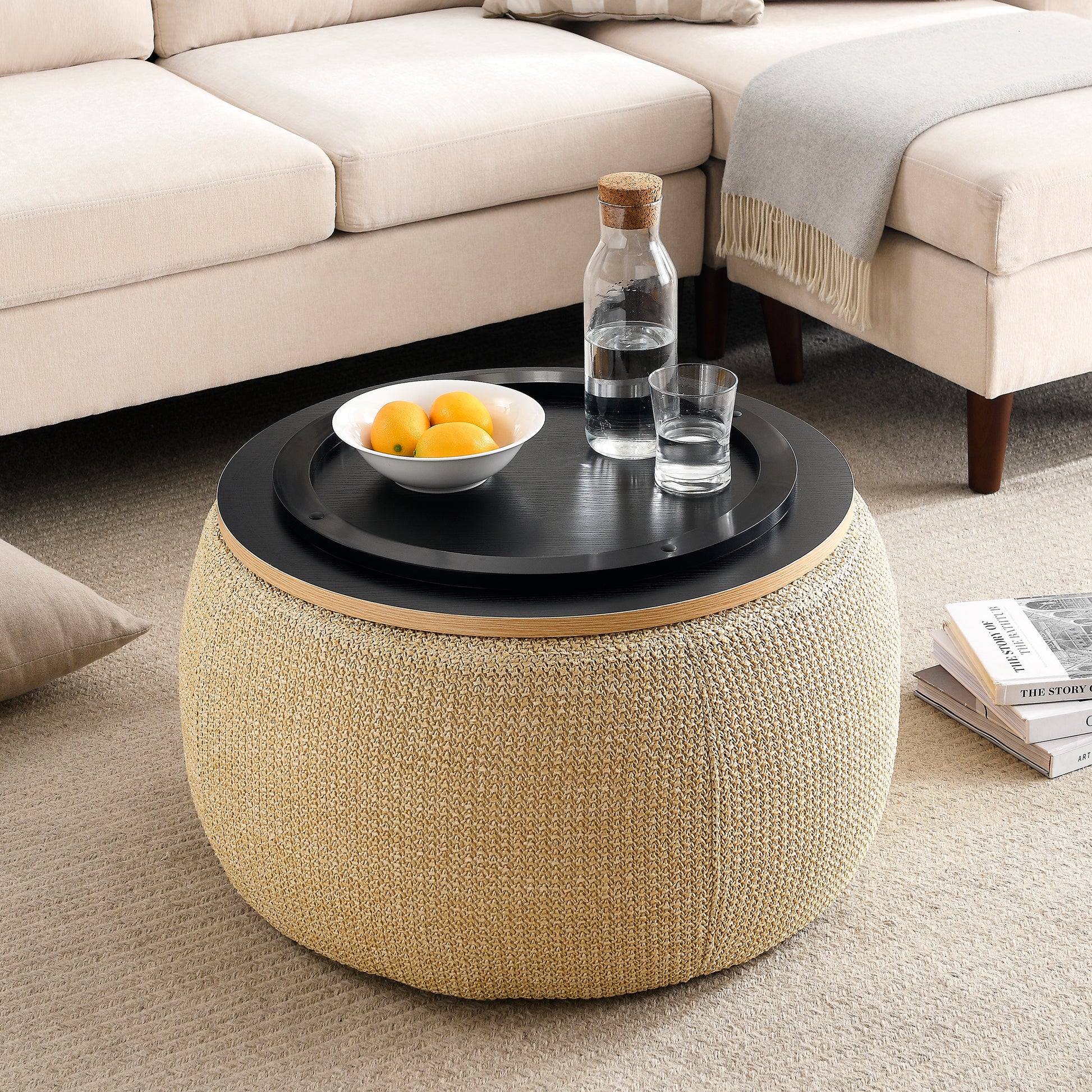 Round Storage Ottoman, 2 In 1 Function, Work As End Table And Ottoman, Natural 25.5"X25.5"X14.5" Natural Plastic