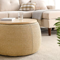 Round Storage Ottoman, 2 In 1 Function, Work As End Table And Ottoman, Natural 25.5