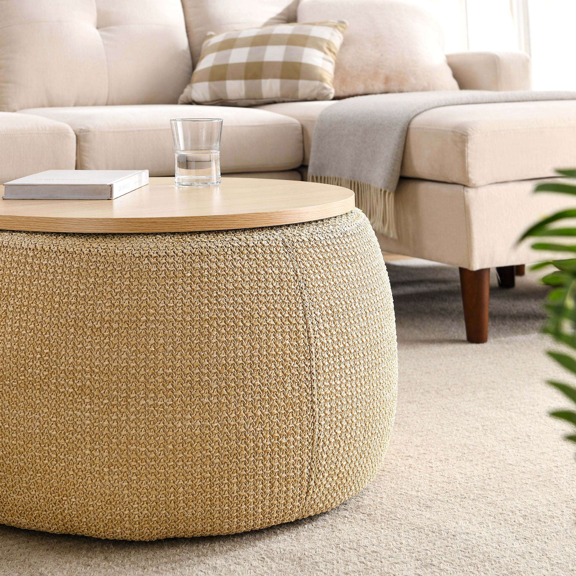 Round Storage Ottoman, 2 In 1 Function, Work As End Table And Ottoman, Natural 25.5"X25.5"X14.5" Natural Plastic