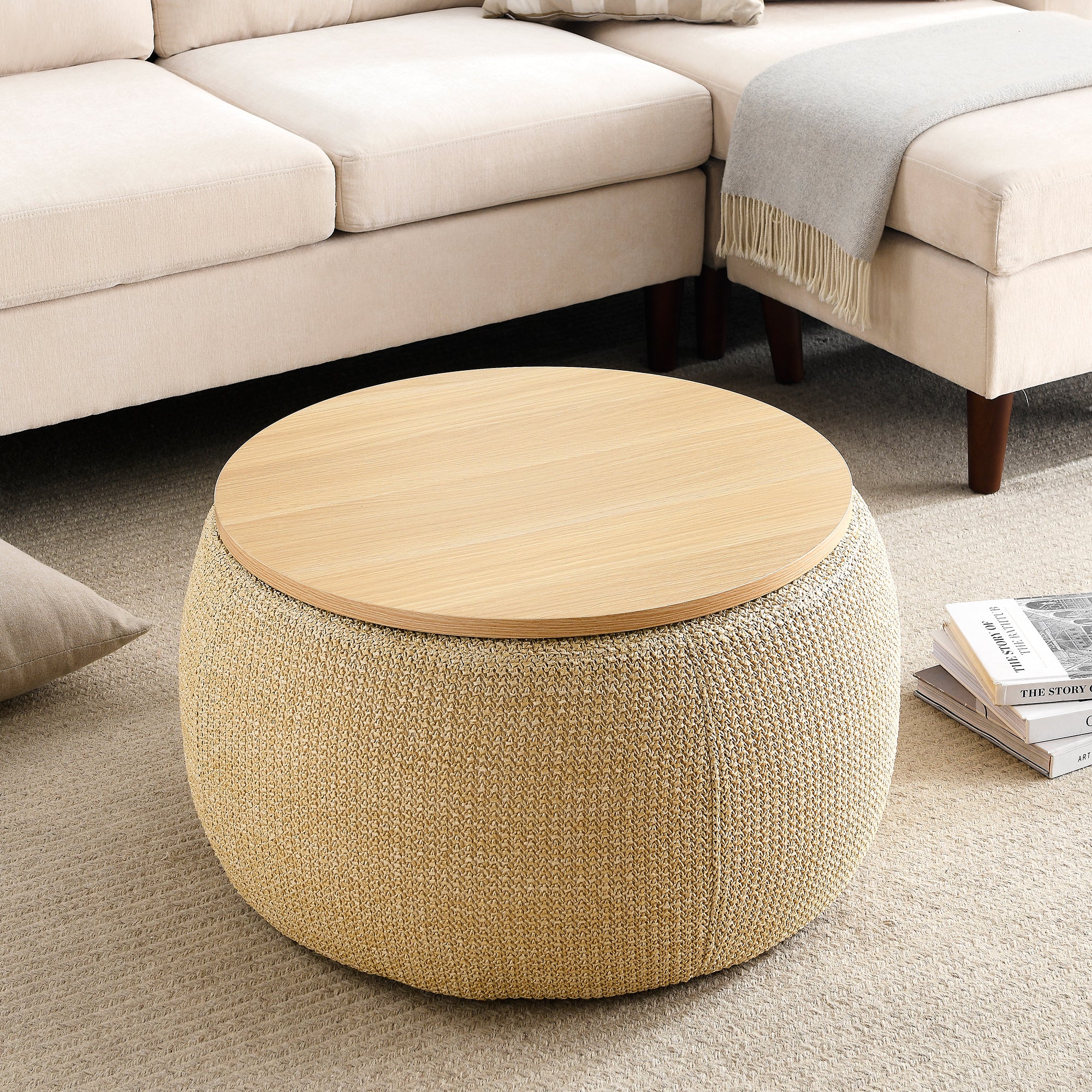 Round Storage Ottoman, 2 In 1 Function, Work As End Table And Ottoman, Natural 25.5"X25.5"X14.5" Natural Plastic