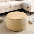 Round Storage Ottoman, 2 In 1 Function, Work As End Table And Ottoman, Natural 25.5