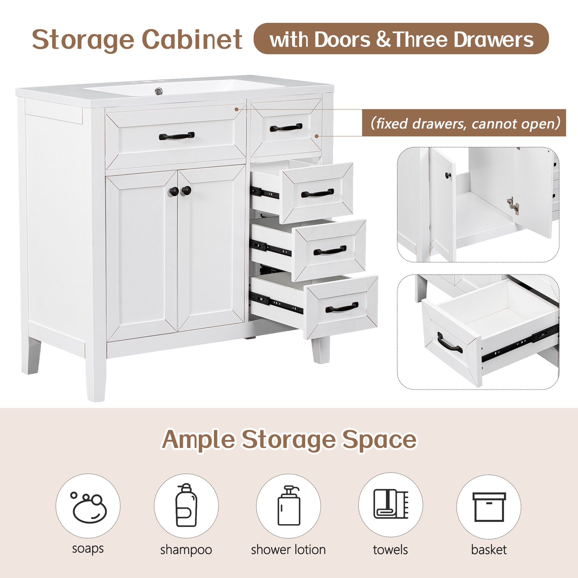 36" Bathroom Vanity With Sink Combo, White Bathroom Cabinet With Drawers, Solid Frame And Mdf Board Old Sku:Jl000007Aak White Solid Wood Mdf