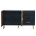 Modern Sideboard Mdf Buffet Cabinet Marble Sticker Tabletop And Amber Yellow Tempered Glass Doors With Gold Metal Legs & Handles Navy Blue Navy Blue Mdf Glass