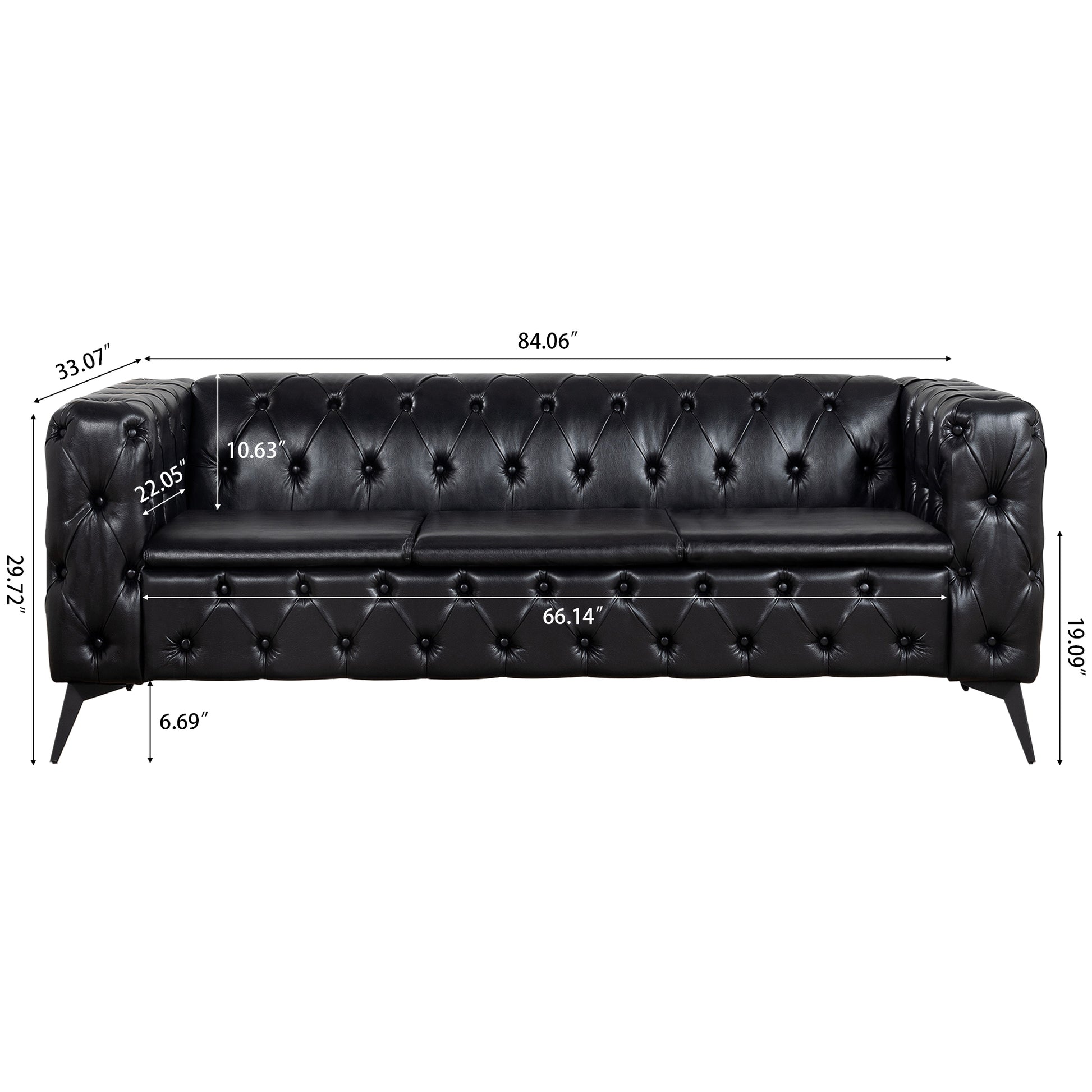 84.06 Inch Width Traditional Square Arm Removable Cushion 3 Seater Sofa Black Foam Pu