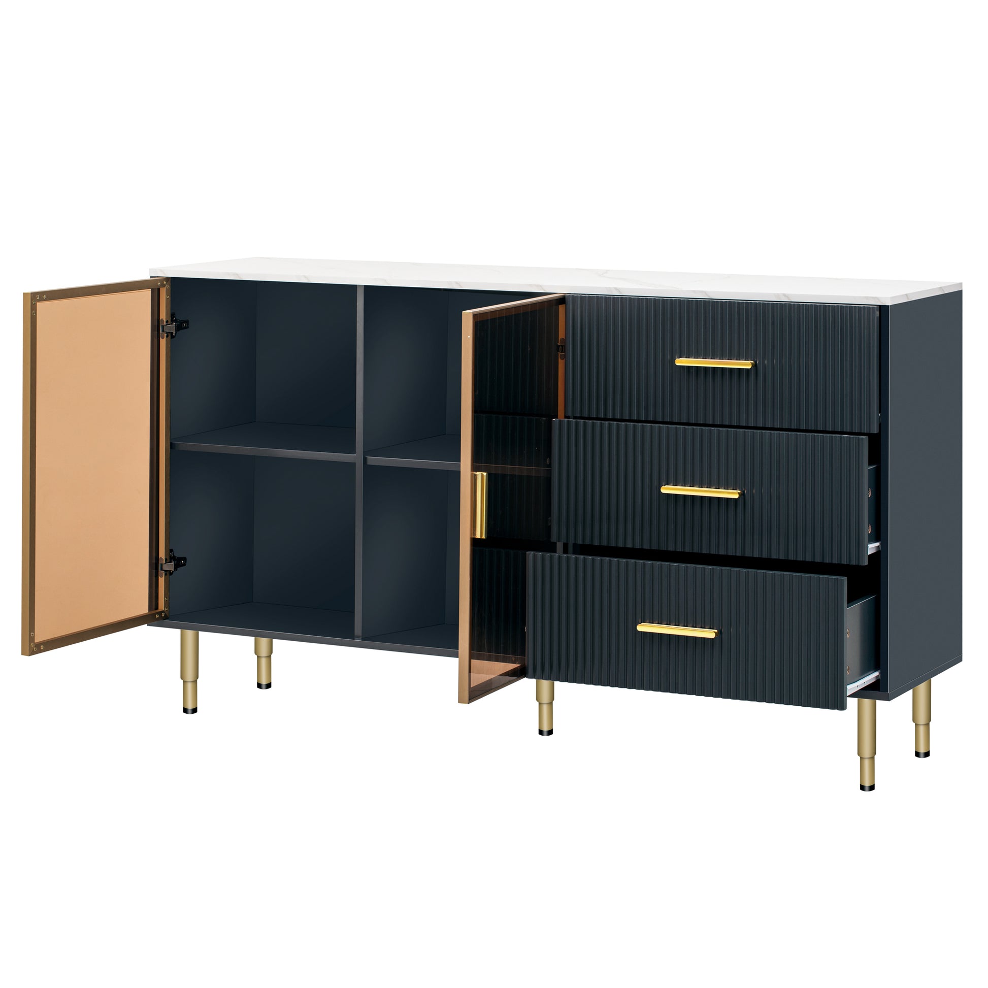 Modern Sideboard Mdf Buffet Cabinet Marble Sticker Tabletop And Amber Yellow Tempered Glass Doors With Gold Metal Legs & Handles Navy Blue Navy Blue Mdf Glass