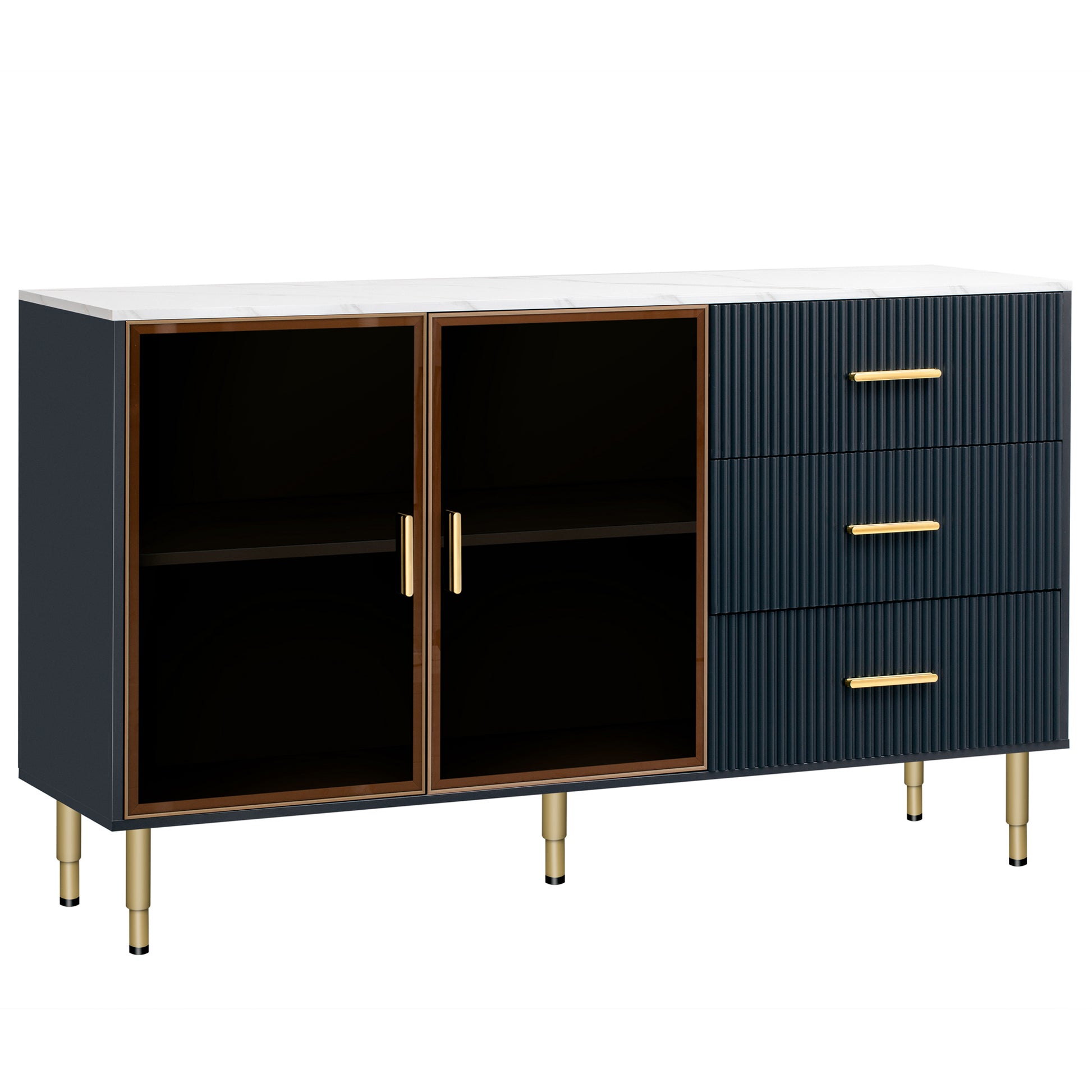 Modern Sideboard Mdf Buffet Cabinet Marble Sticker Tabletop And Amber Yellow Tempered Glass Doors With Gold Metal Legs & Handles Navy Blue Navy Blue Mdf Glass